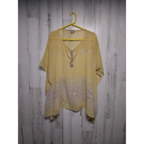 Chico's S/M Sheer Overlay Topper Yellow Beige Watercolor Kimono Top - Picture 1 of 4